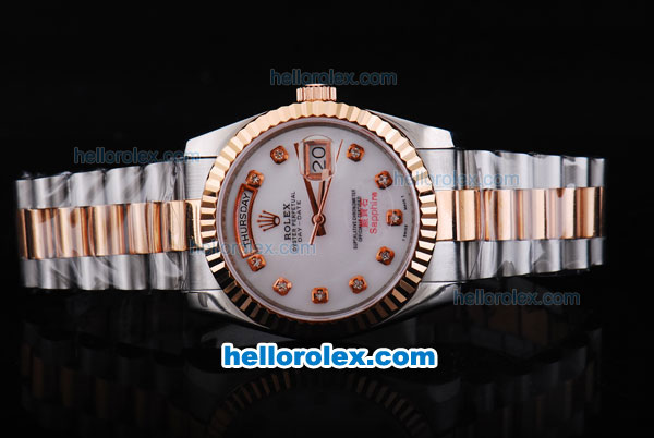 Rolex Day-Date Oyster Perpetual Automatic Rose Gold Bezel with White Dial and Diamond Marking-Big Calendar - Click Image to Close